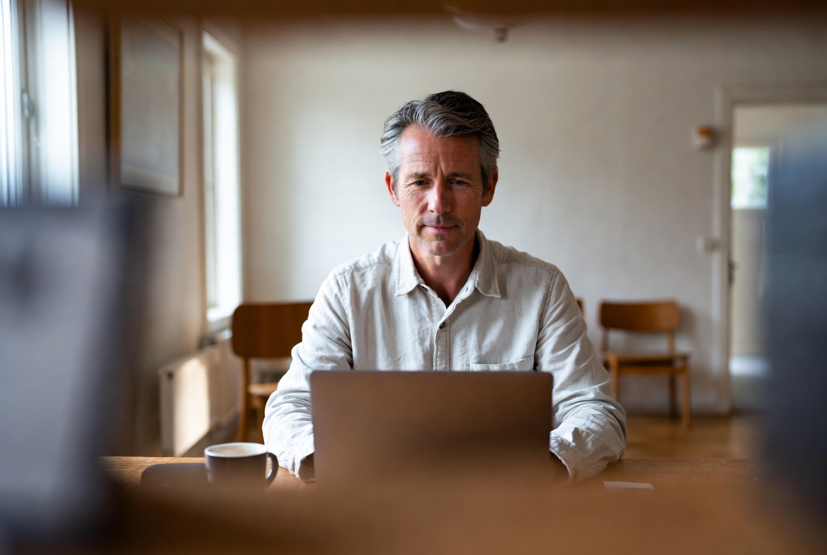 Norsk bedriftseier ved skrivebordet sitt